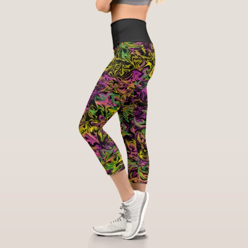 Bright Swirls of Pink Green and Yellow on Black Capri Leggings