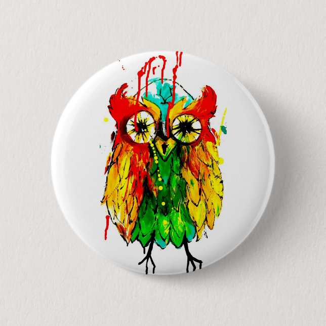 Bright tattoo ink owl color painting pinback button (Front)