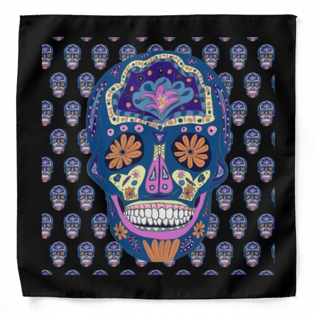 Bright Tattoo Style Sugar Skull with Black Border Bandana (Front)
