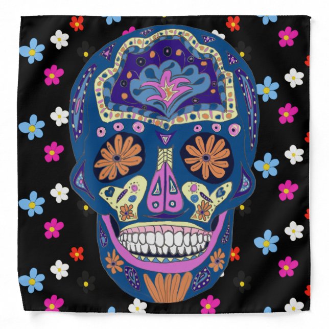Bright Tattoo Style Sugar Skull with Flowers Bandana (Front)
