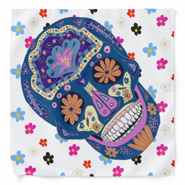 Bright Tattoo Style Sugar Skull with Flowers Bandana (Front)