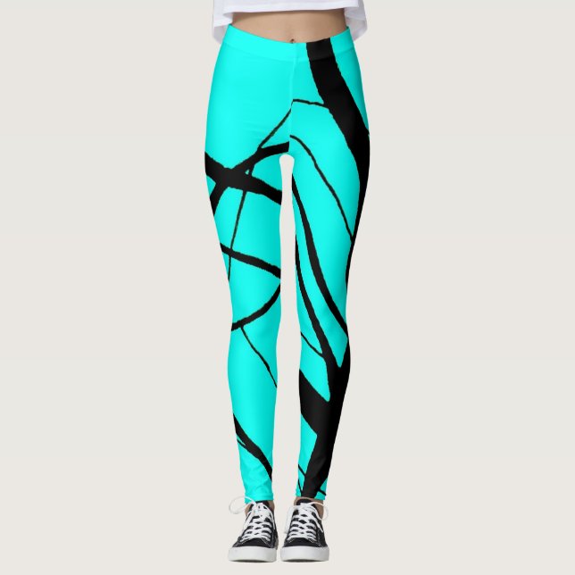 Bright Teal and Black Linear Leggings (Front)