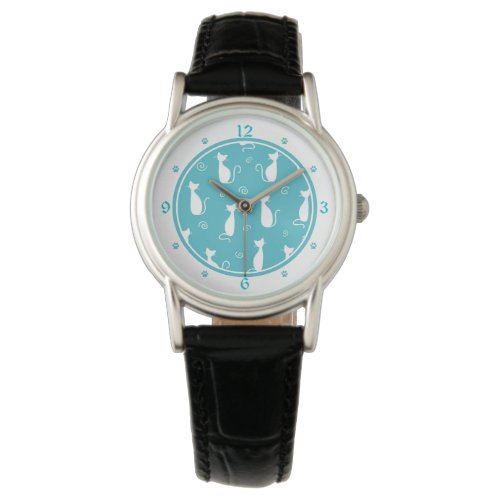 Bright Teal and White Cats Pattern Watch