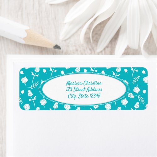 Bright Teal and White Floral Pattern Label