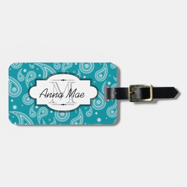Bright Teal and White Paisley Luggage Tag (Front Horizontal)