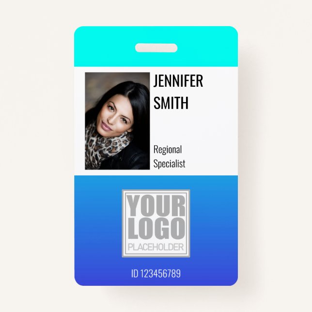 Bright Teal Aqua Ombre Logo Template Employee Badge (Front)