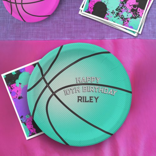 Bright Teal Blue Basketball Happy Birthday Name Paper Plates