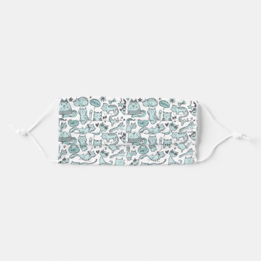 Bright Teal Blue White Gray Cats and Kittens Adult Cloth Face Mask (Front, Folded)