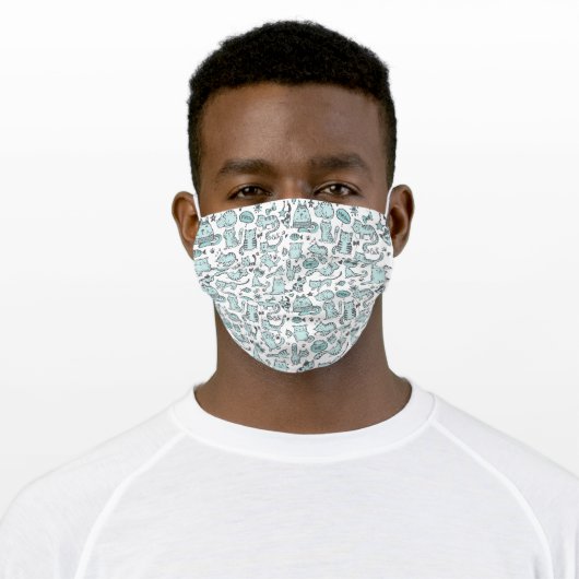 Bright Teal Blue White Gray Cats and Kittens Adult Cloth Face Mask (Worn)