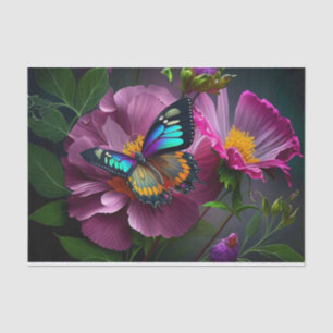Bright Teal Butterfly Amongst Dark Pink Flowers Tissue Paper