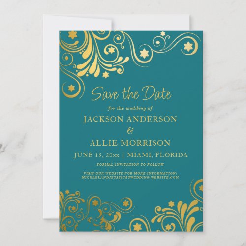 Bright Teal Gold Flourish Photo Wedding Save The Date