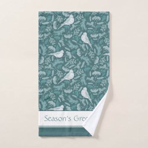 Bright Teal Green Winter White Bird Floral Pattern Bath Towel Set