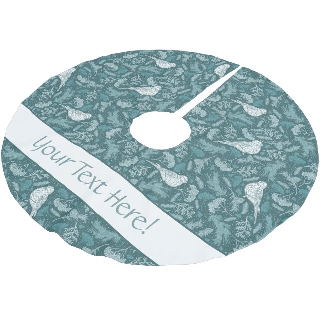 Bright Teal Green Winter White Bird Floral Pattern Brushed Polyester Tree Skirt (Angled)