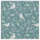 Bright Teal Green Winter White Bird Floral Pattern Fabric
