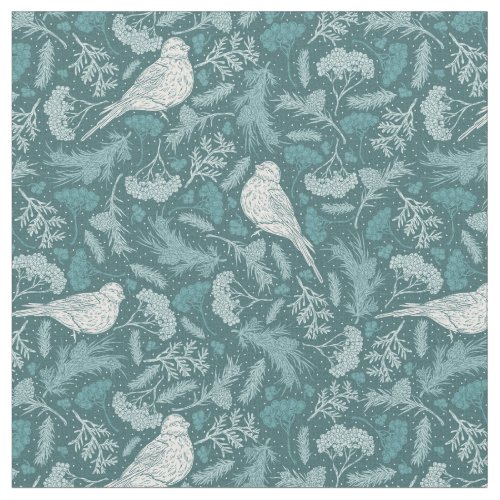 Bright Teal Green Winter White Bird Floral Pattern Fabric