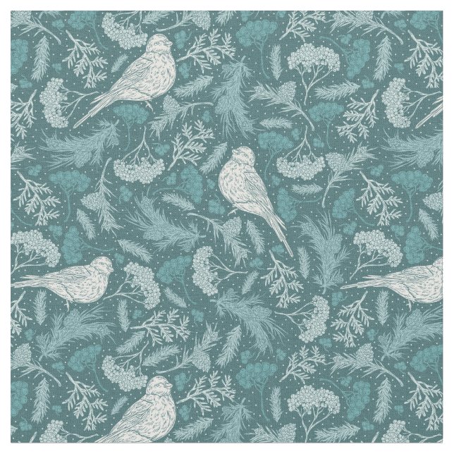 Bright Teal Green Winter White Bird Floral Pattern Fabric (Close Up)