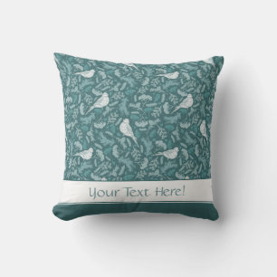 Bright Teal Green Winter White Bird Floral Pattern Throw Pillow