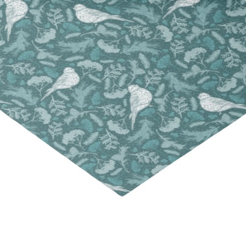 Bright Teal Green Winter White Bird Floral Pattern Tissue Paper