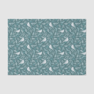 Bright Teal Green Winter White Bird Floral Pattern Tissue Paper
