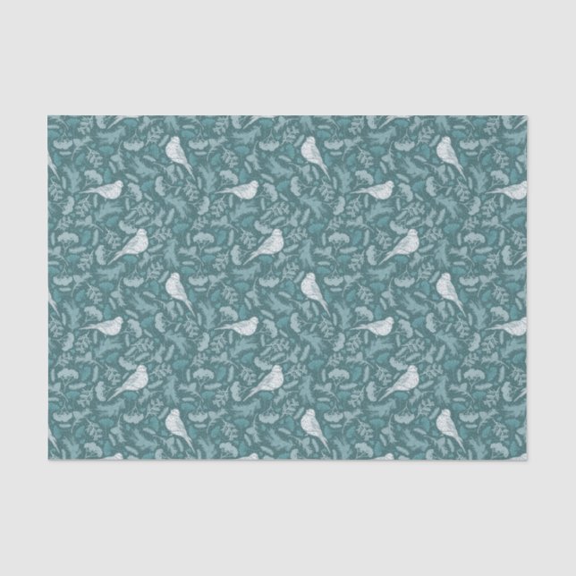 Bright Teal Green Winter White Bird Floral Pattern Tissue Paper (Front)