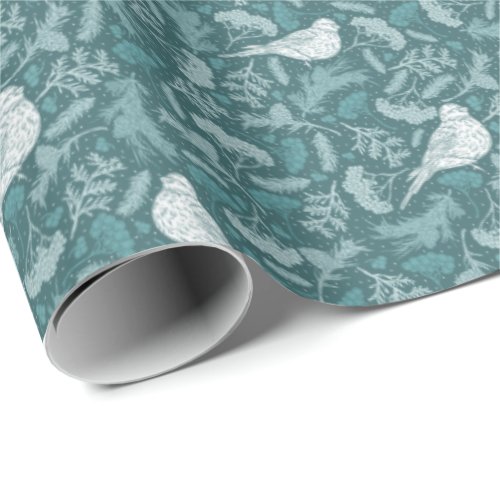 Bright Teal Green Winter White Bird Floral Pattern Wrapping Paper