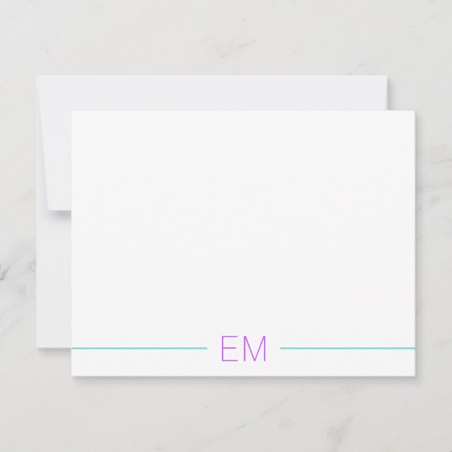 Bright Teal Modern Simple Monogrammed Note Card (Front)