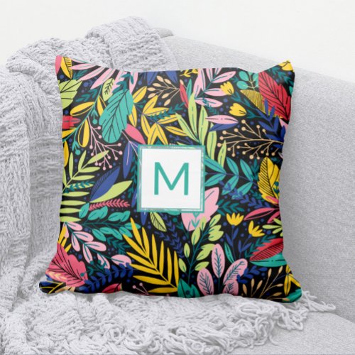 Bright Teal Monogram Modern Leaves Line Art Throw Pillow