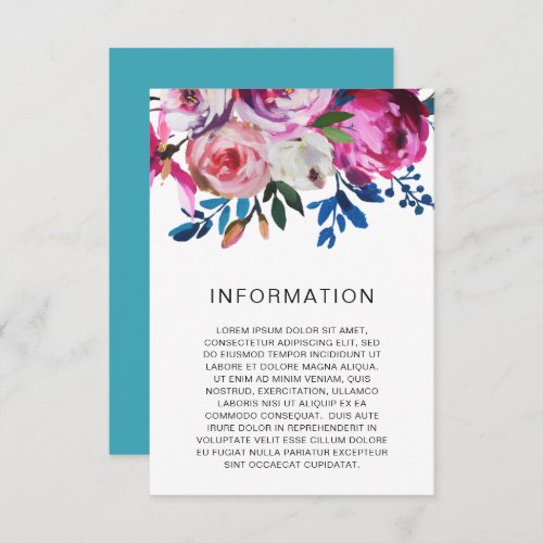 Bright Teal Pink Floral Modern Wedding Enclosure Card