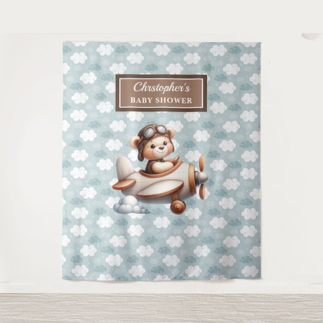 Bright teddy bear pilot baby shower photo sign tapestry (Front)