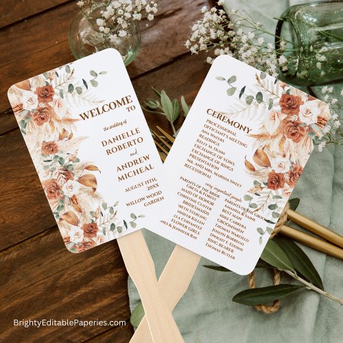  Bright Terracotta Pampas Grass Wedding Program Hand Fan