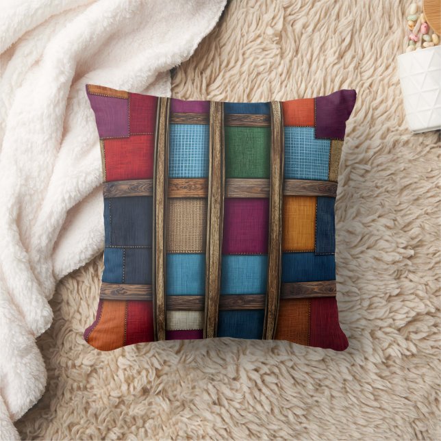 Bright textiles on rustic wood throw pillow (Blanket)
