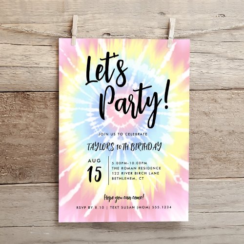 Bright Tie Dye Lets Party Any Age Birthday Invitation