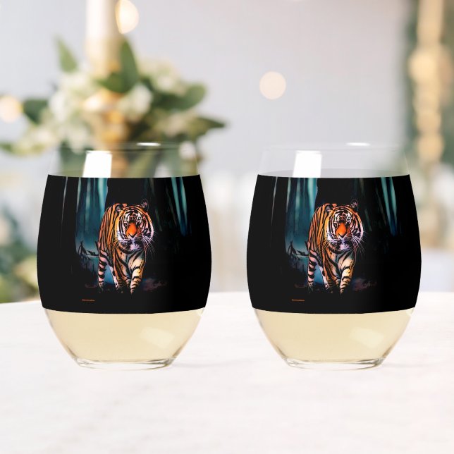 Bright Tiger Dark Forest Stemless Wine Glass (Insitu (Wedding))