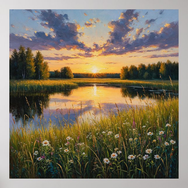Bright Tranquil Sunset Over a Serene Lake Poster (Front)