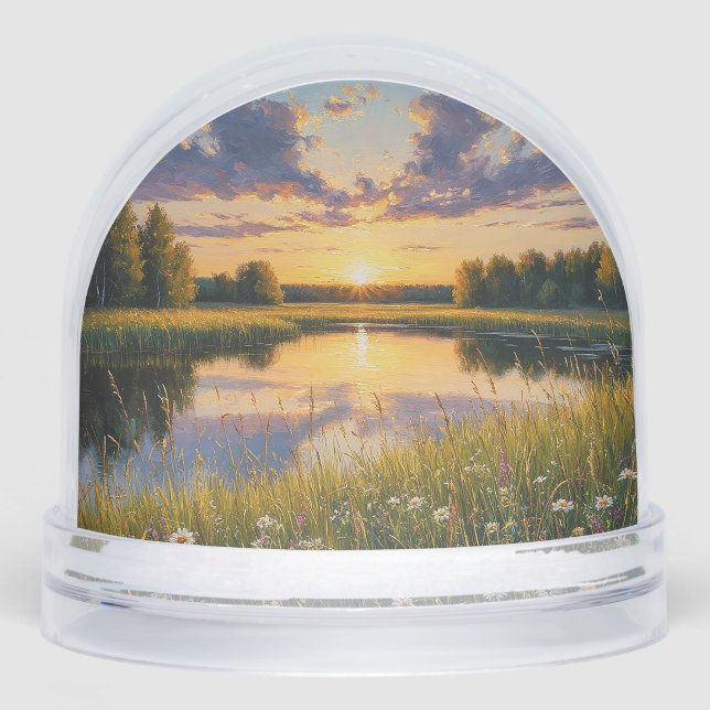 Bright Tranquil Sunset Over a Serene Lake Snow Globe (Front)