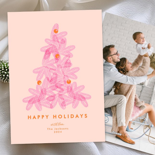Bright Trendy Modern Pink Christmas Tree 1 photo Holiday Card (Creator Uploaded)