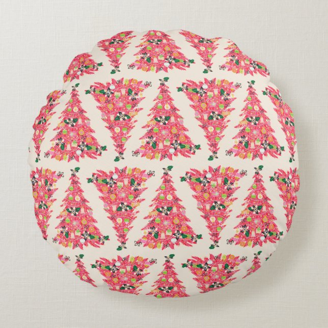 bright trendy pink festive christmas tree  round pillow (Front)