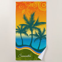 Tropical Vintage Beach Heart Shore Monogram Beach Towel