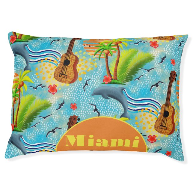 Bright Tropical Dolphin and Ukulele Personalized  Pet Bed (Front)