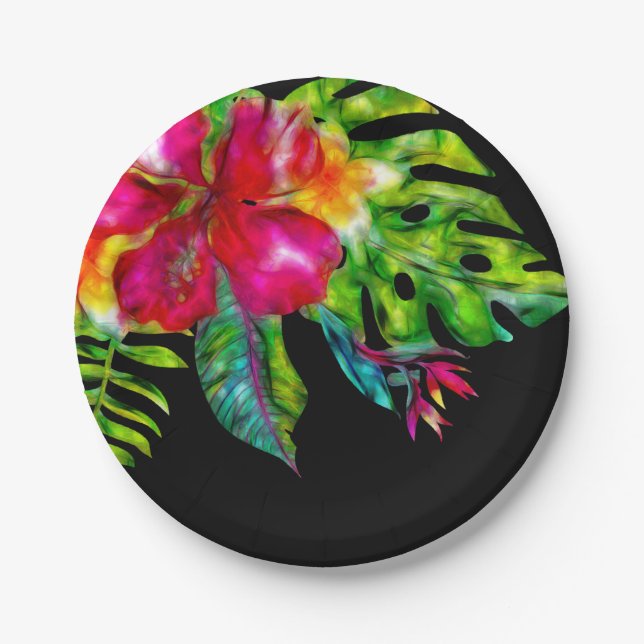 Bright Tropical Floral Hibiscus Leaves Luau Party Paper Plates (Front)