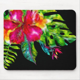 Bright Tropical Floral Hibiscus & Leaves Mouse Pad