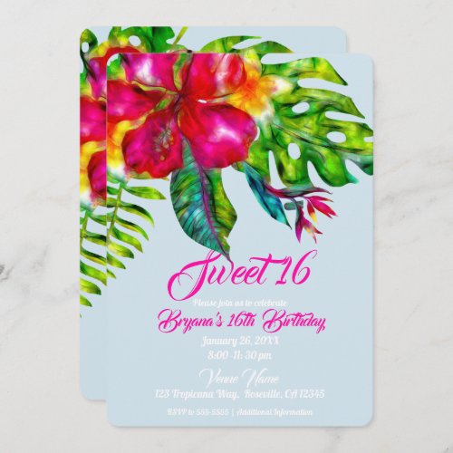 Bright Tropical Floral Hibiscus  Leaves Sweet 16 Invitation