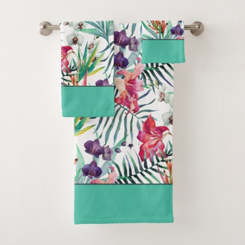 Bright Tropical Floral Pattern with Aqua Border Bath Towel Set