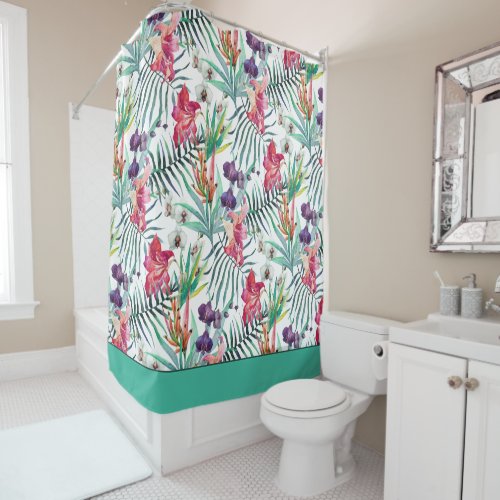 Bright Tropical Floral Pattern with Aqua Border Shower Curtain