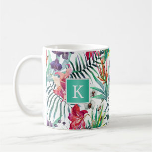 Bright Tropical Floral Pattern with Monogram Coffee Mug
