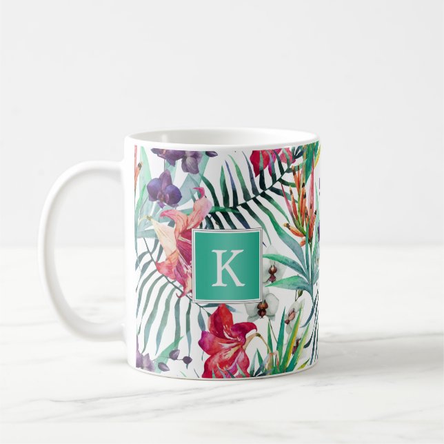 Bright Tropical Floral Pattern with Monogram Coffee Mug (Left)