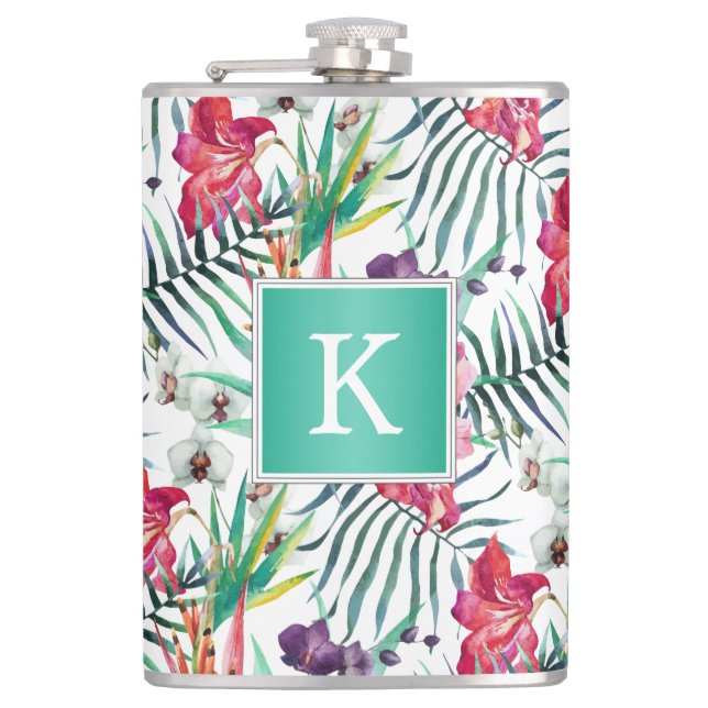 Bright Tropical Floral Pattern with Monogram Flask (Front)