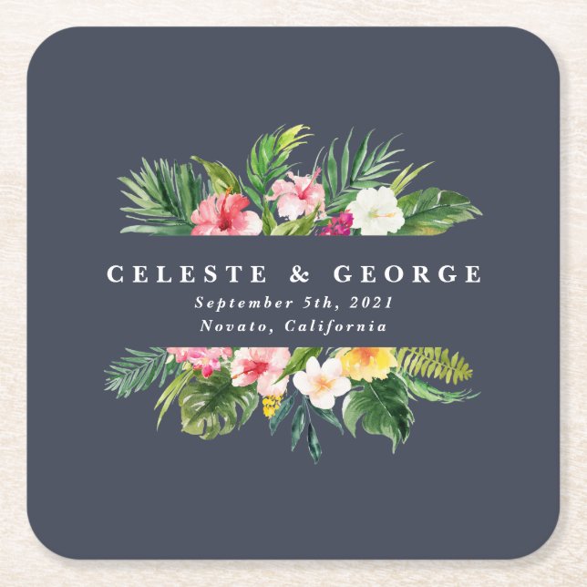 bright tropical floral wedding square paper coaster (Front)