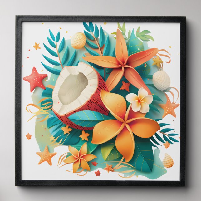Bright Tropical Flowers and Coconut  Peel And Stick Photo Tile (Front Set)