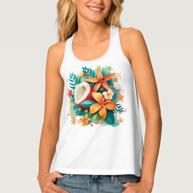 Bright Tropical Flowers and Coconut  Tank Top (Front)